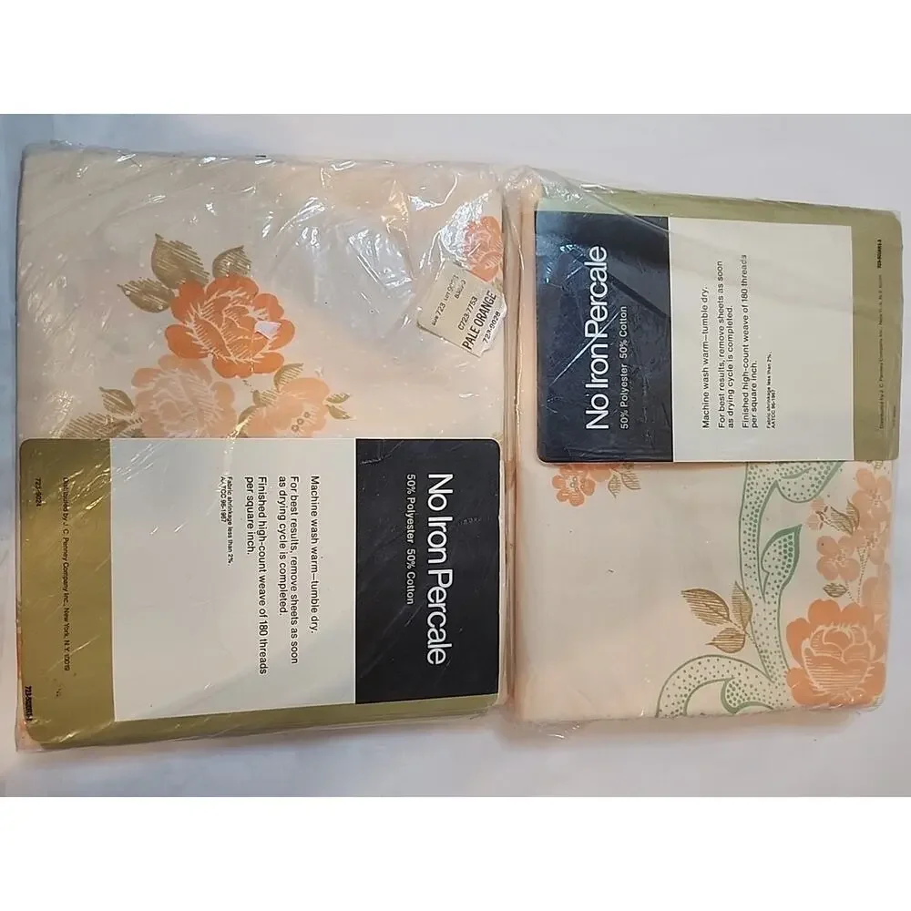 Vtg JCPenney No Iron Percale Fitted And Flat Sheets Floral Pale Orange Salmon